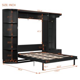 Queen Murphy Bed with Storage & Lights, Hidden Fold-Out Legs, Oak Veneer Finish, Built-in Shelves & Cabinets