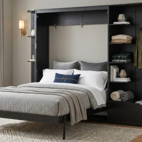 Queen Murphy Bed with Storage & Lights, Hidden Fold-Out Legs, Oak Veneer Finish, Built-in Shelves & Cabinets