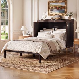 Murphy Queen Bed With Frosted Glass Doors Design, Fake Drawers, Metal Legs