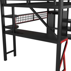 Metal Full Size Loft Bed With Stairs, High Guardrails And Beside Storage Shelf