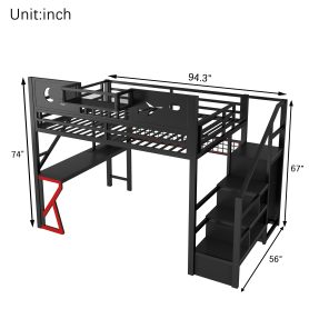 Metal Full Size Loft Bed With Stairs, High Guardrails And Beside Storage Shelf