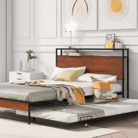 Queen Size Metal Platform Bed Frame with Trundle, USB Ports and Slat Support 25 Queen Size Metal Platform Bed Frame with Trundle, USB Ports and Slat Support