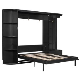 Queen Murphy Bed with Storage & Lights, Hidden Fold-Out Legs, Oak Veneer Finish, Built-in Shelves & Cabinets