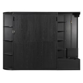 Queen Murphy Bed with Storage & Lights, Hidden Fold-Out Legs, Oak Veneer Finish, Built-in Shelves & Cabinets