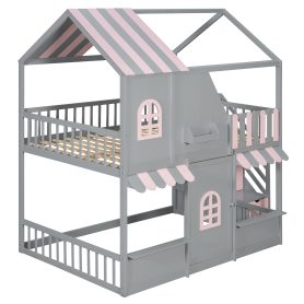 Full Over Full House Bunk Bed with Storage Staircase & Shelves