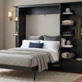 Queen Murphy Bed with Storage & Lights, Hidden Fold-Out Legs, Oak Veneer Finish, Built-in Shelves & Cabinets