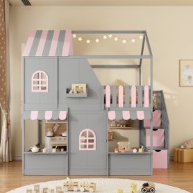 Full Over Full House Bunk Bed with Storage Staircase & Shelves