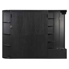 Queen Murphy Bed with Storage & Lights, Hidden Fold-Out Legs, Oak Veneer Finish, Built-in Shelves & Cabinets