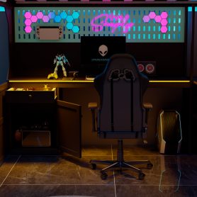 Full Size Gaming Loft Bed with Integrated Desk, Lights and Built-in Charging Station