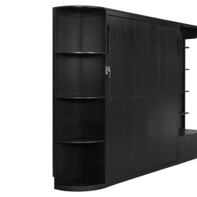 Queen Murphy Bed with Storage & Lights, Hidden Fold-Out Legs, Oak Veneer Finish, Built-in Shelves & Cabinets