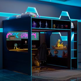 Full Size Gaming Loft Bed with Integrated Desk, Lights and Built-in Charging Station
