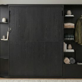 Queen Murphy Bed with Storage & Lights, Hidden Fold-Out Legs, Oak Veneer Finish, Built-in Shelves & Cabinets
