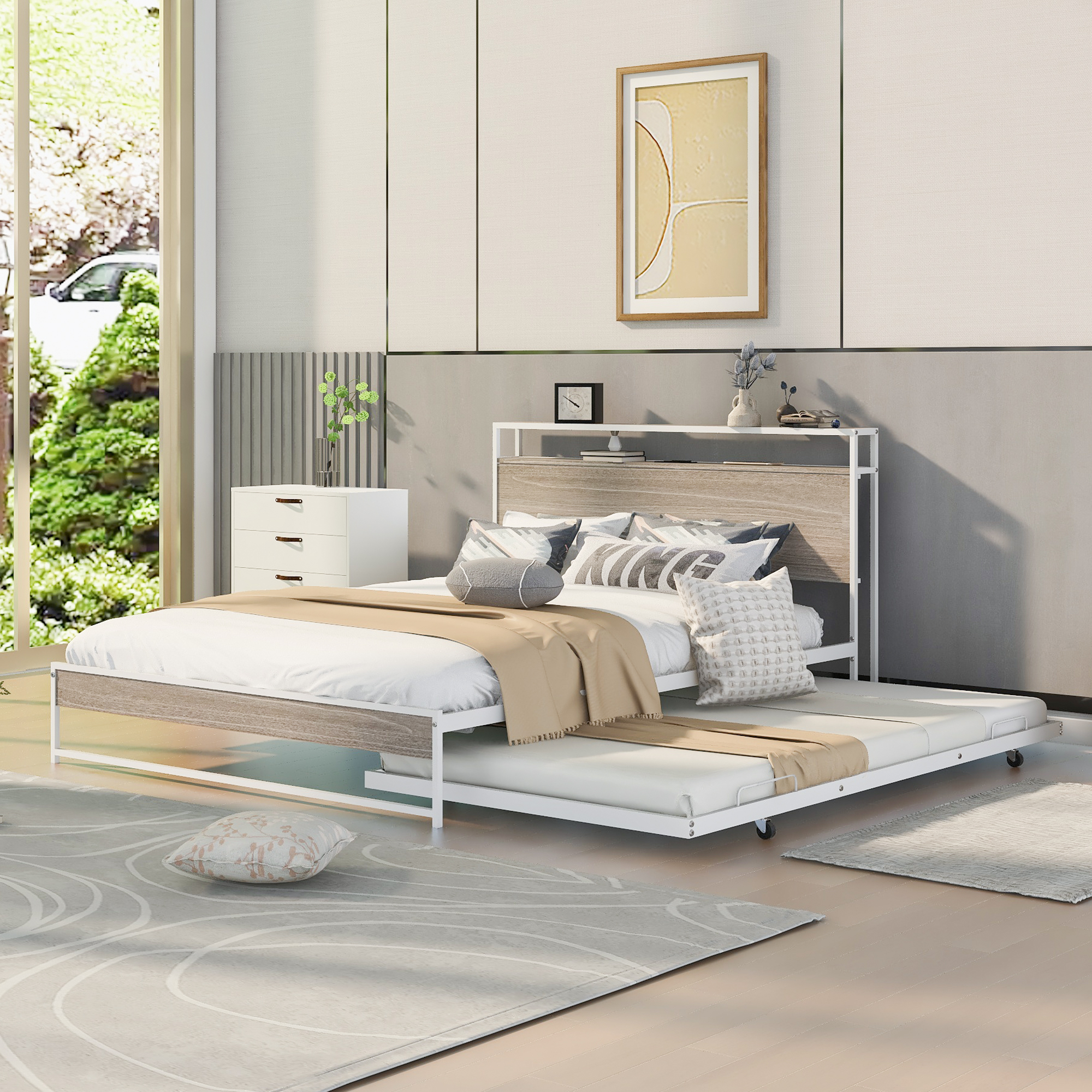 Queen Size Metal Platform Bed Frame with Trundle, USB Ports and Slat Support