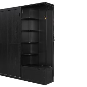 Queen Murphy Bed with Storage & Lights, Hidden Fold-Out Legs, Oak Veneer Finish, Built-in Shelves & Cabinets