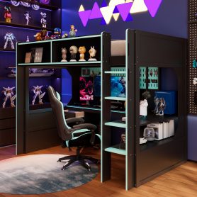 Twin Size Gaming Loft Bed with Integrated Desk, Lights and Built-in Charging Station