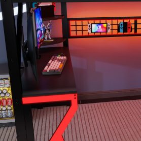 Metal Full Size Loft Bed With Stairs, High Guardrails And Beside Storage Shelf