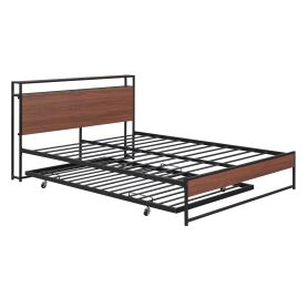 Queen Size Metal Platform Bed Frame with Trundle, USB Ports and Slat Support 16 Queen Size Metal Platform Bed Frame with Trundle, USB Ports and Slat Support