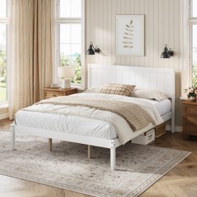 King Size Platform Bed Frame With Headboard, Wood Slat Support