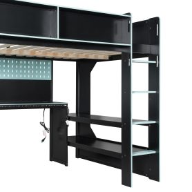 Full Size Gaming Loft Bed with Integrated Desk, Lights and Built-in Charging Station