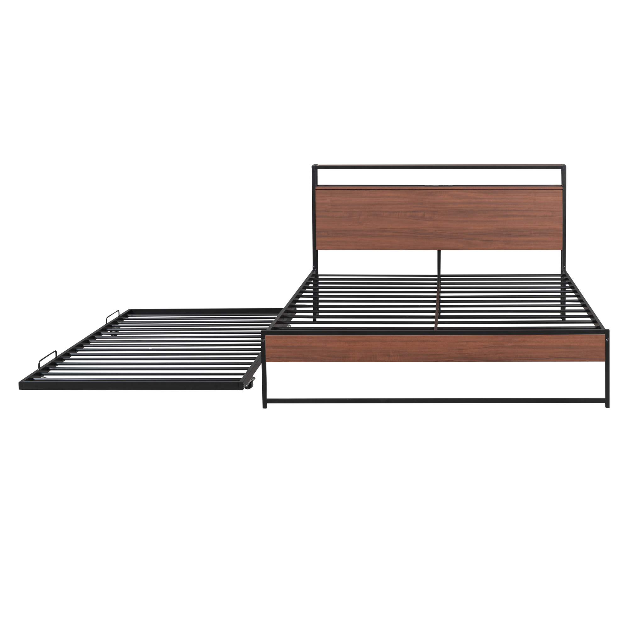 Queen Size Metal Platform Bed Frame with Trundle, USB Ports and Slat Support 8 Queen Size Metal Platform Bed Frame with Trundle, USB Ports and Slat Support