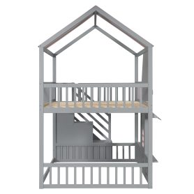 Full Over Full House Bunk Bed with Storage Staircase & Shelves