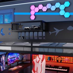 Metal Full Size Loft Bed With Stairs, High Guardrails And Beside Storage Shelf