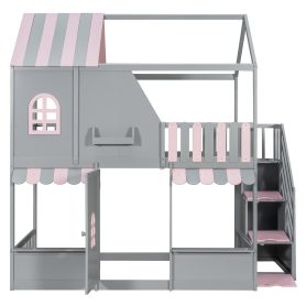 Full Over Full House Bunk Bed with Storage Staircase & Shelves