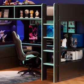 Twin Size Gaming Loft Bed with Integrated Desk, Lights and Built-in Charging Station