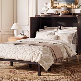 Murphy Queen Bed With Frosted Glass Doors Design, Fake Drawers, Metal Legs