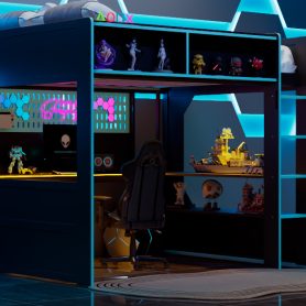Full Size Gaming Loft Bed with Integrated Desk, Lights and Built-in Charging Station