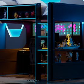 Full Size Gaming Loft Bed with Integrated Desk, Lights and Built-in Charging Station