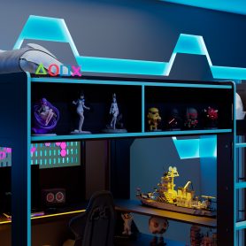 Full Size Gaming Loft Bed with Integrated Desk, Lights and Built-in Charging Station