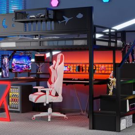 Metal Full Size Loft Bed With Stairs, High Guardrails And Beside Storage Shelf