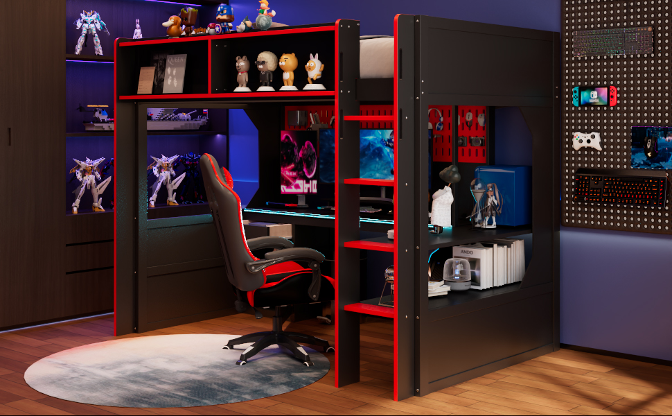 Twin Size Gaming Loft Bed with Integrated Desk, Lights and Built-in Charging Station