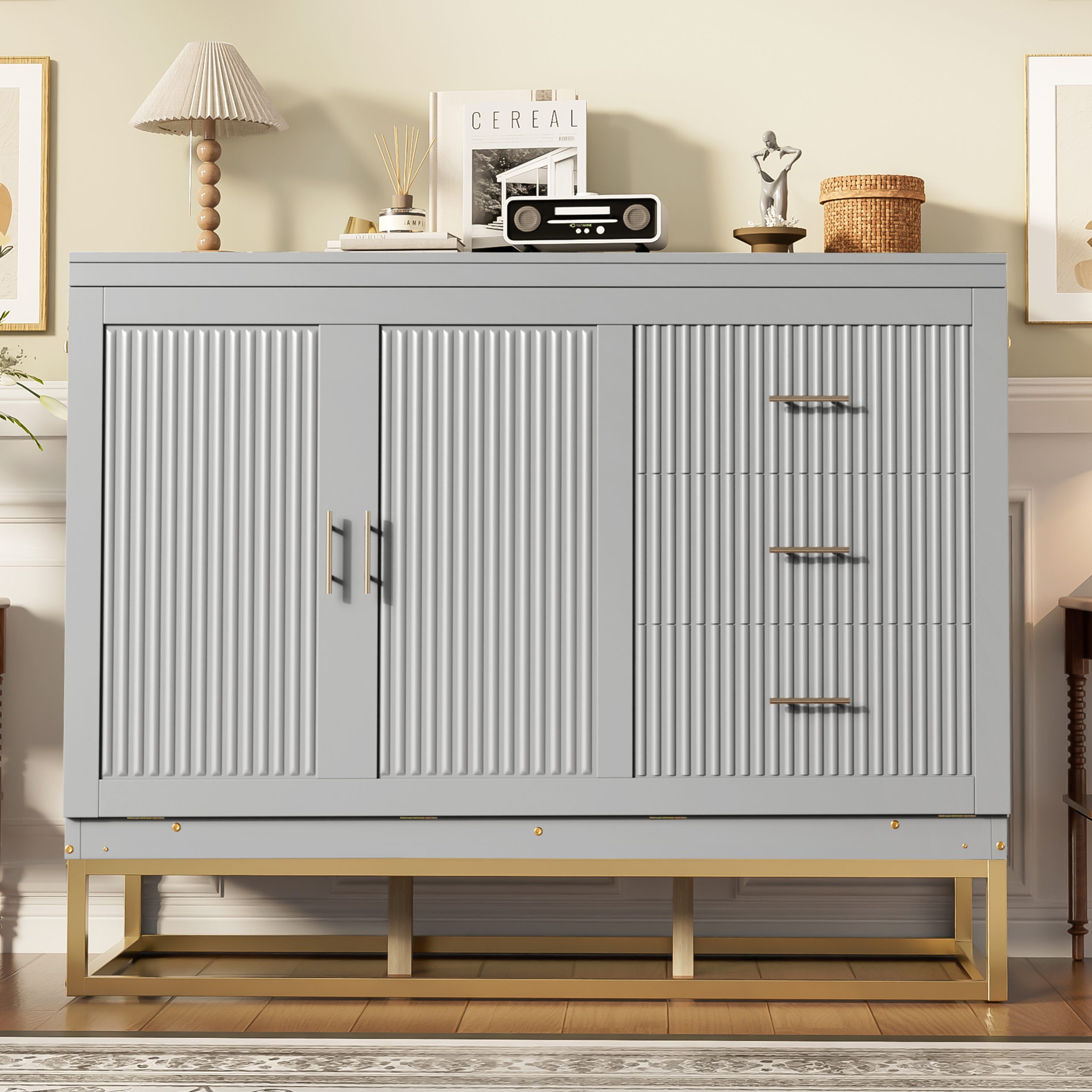 Murphy Queen Bed With Frosted Glass Doors Design, Fake Drawers, Metal Legs