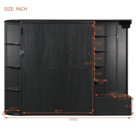 Queen Murphy Bed with Storage & Lights, Hidden Fold-Out Legs, Oak Veneer Finish, Built-in Shelves & Cabinets