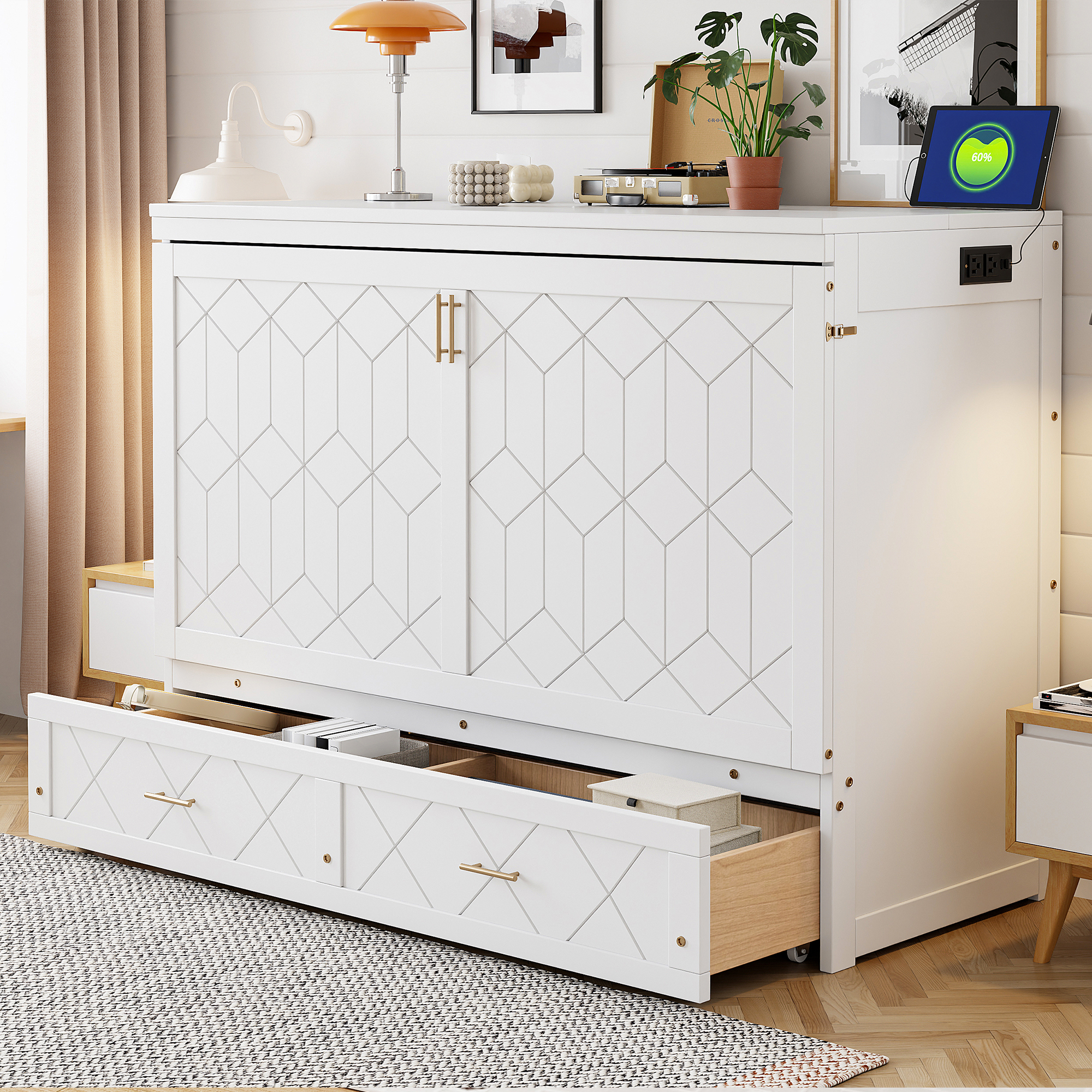 Queen Size Murphy Bed With Drawer And A Set Of Sockets & USB Ports
