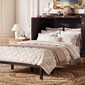 Murphy Queen Bed With Frosted Glass Doors Design, Fake Drawers, Metal Legs