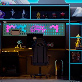 Full Size Gaming Loft Bed with Integrated Desk, Lights and Built-in Charging Station