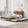 Queen Size Metal Platform Bed Frame with Trundle, USB Ports and Slat Support