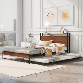 Home 33 Queen Size Metal Platform Bed Frame with Trundle, USB Ports and Slat Support