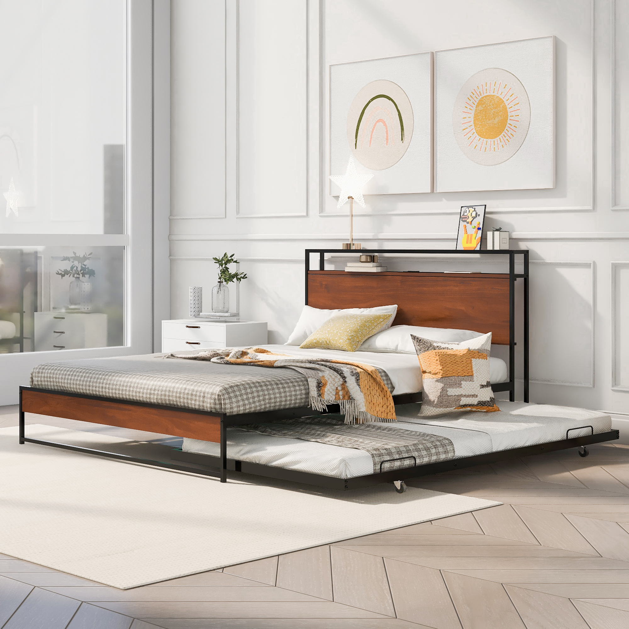Queen Size Metal Platform Bed Frame with Trundle, USB Ports and Slat Support 2 Queen Size Metal Platform Bed Frame with Trundle, USB Ports and Slat Support