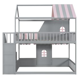 Full Over Full House Bunk Bed with Storage Staircase & Shelves