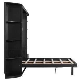 Queen Murphy Bed with Storage & Lights, Hidden Fold-Out Legs, Oak Veneer Finish, Built-in Shelves & Cabinets