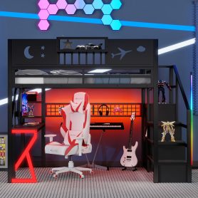 Metal Full Size Loft Bed With Stairs, High Guardrails And Beside Storage Shelf