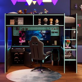 Twin Size Gaming Loft Bed with Integrated Desk, Lights and Built-in Charging Station
