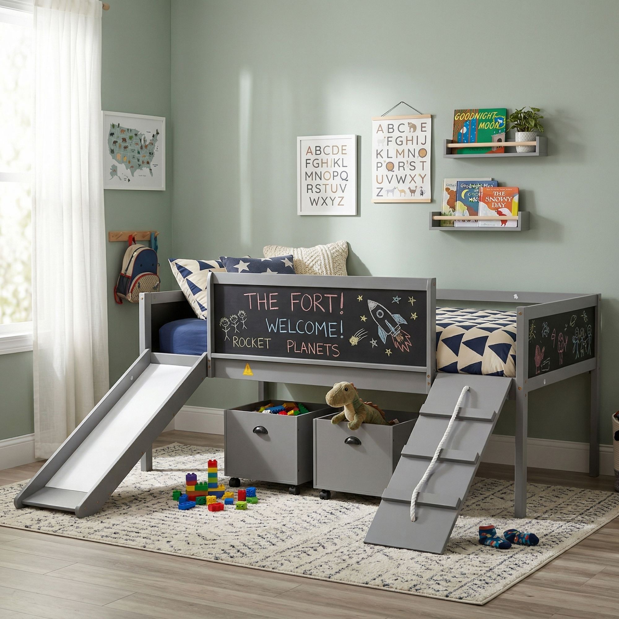 Twin Size Loft Bed Wood Bed With Two Storage Boxes