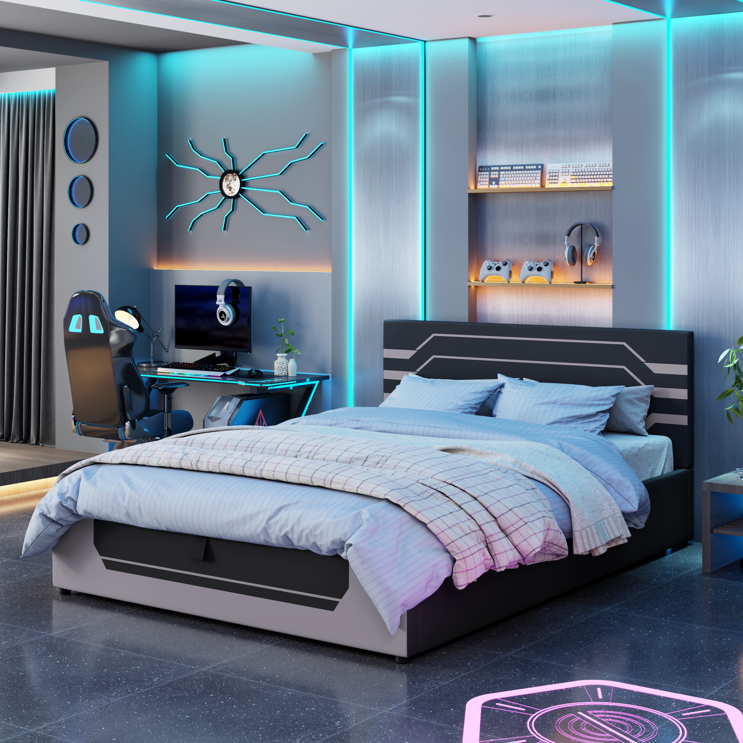 Modern Queen Size Hydraulic Storage Gaming Bed Frame