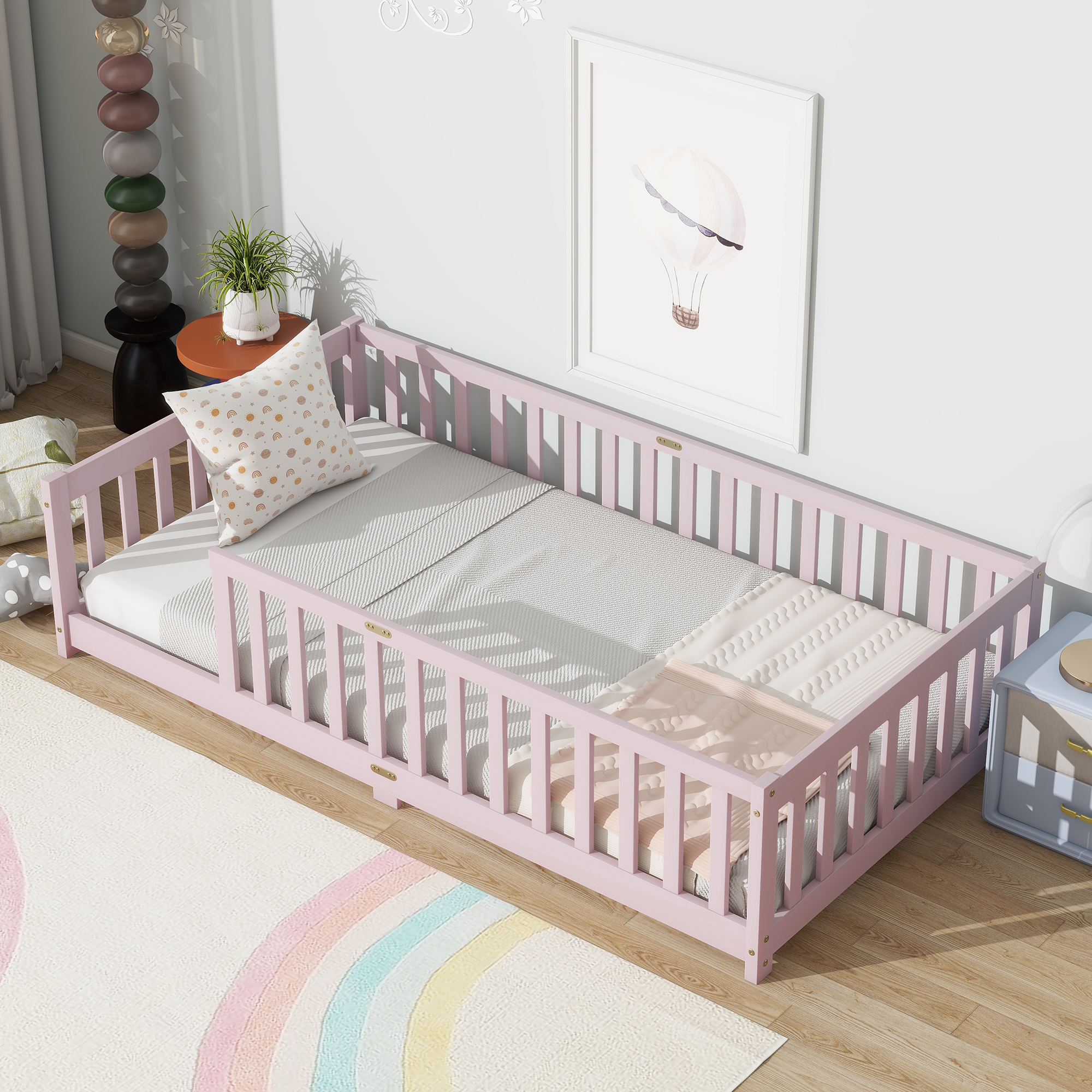 Rubber Wood Twin Size Floor Bed With Fence and Safety Guardrails