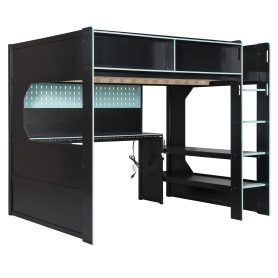 Full Size Gaming Loft Bed with Integrated Desk, Lights and Built-in Charging Station